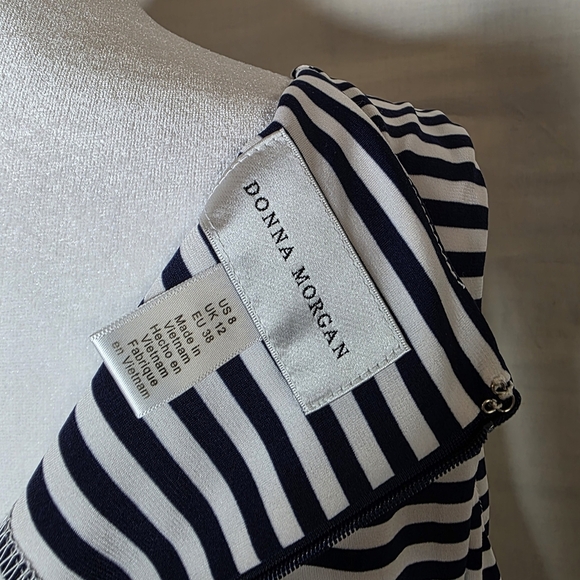 Donna Morgan Blue And White Dress Cold Shoulder Midi Length Size 8 - Picture 5 of 7